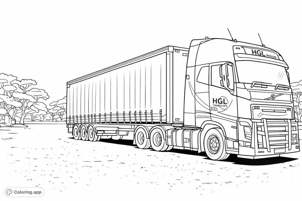 A fun cartoon-style semi-truck with a long trailer parked on a dusty road under a vast sky, ready for creative coloring.