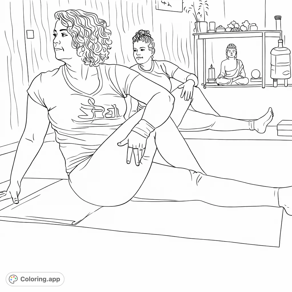 A mindful yoga session featuring two individuals in seated twist poses, promoting focus and flexibility in a tranquil studio setting.