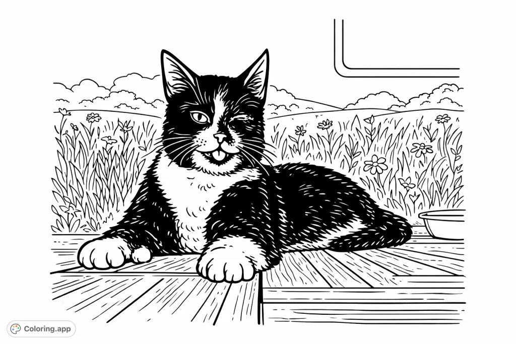 A cute cartoony cat with a funny expression lies in a grassy meadow. This fun cat coloring page is a free printable, great for all ages!