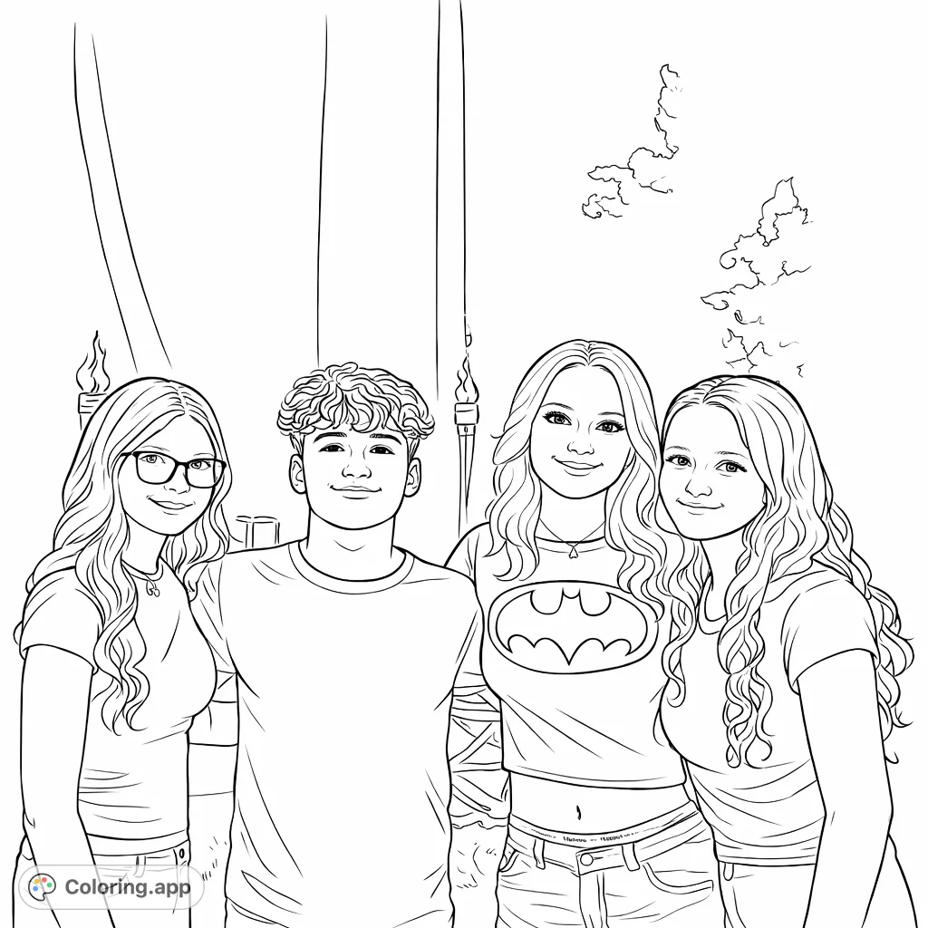 A group of four smiling friends, three females and one male, pose together in a casual outdoor setting, perfect for coloring fun.