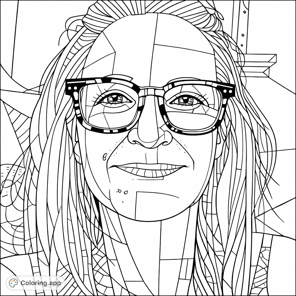 A captivating geometric portrait, focusing on a smiling person with stylish glasses and flowing hair. Perfect for pop art enthusiasts.