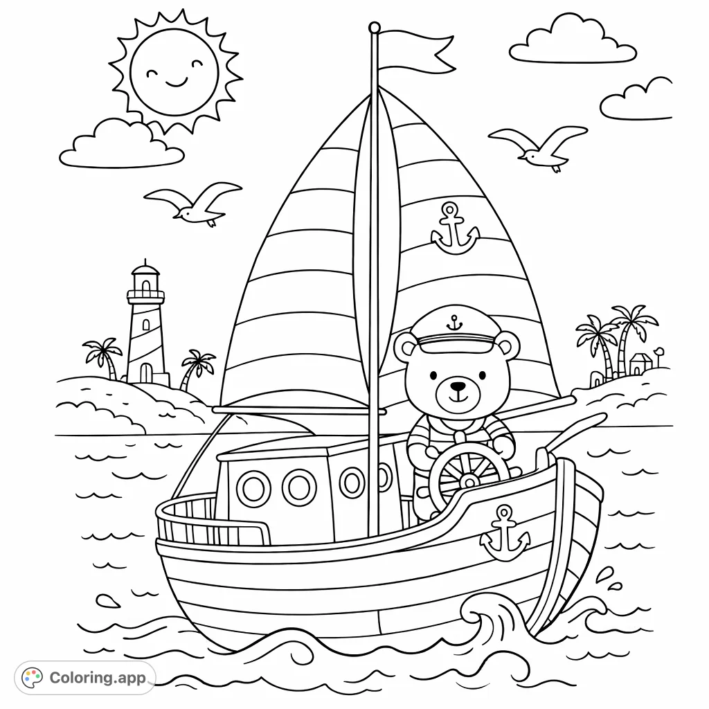 Join a cheerful bear captain on a charming sailboat adventure through wavy seas, past a lighthouse island with palm trees and houses, under a smiling sun.