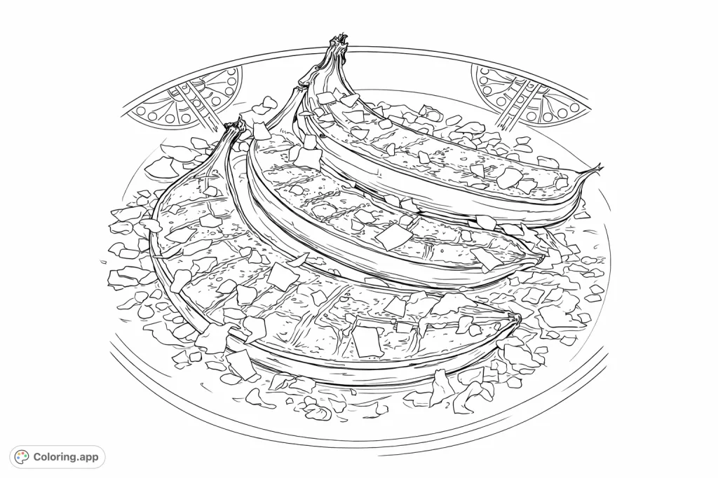 Sweet baked banana halves topped with delicate coconut flakes, served on a decorative plate. A delicious dessert scene ready for your creative touch.