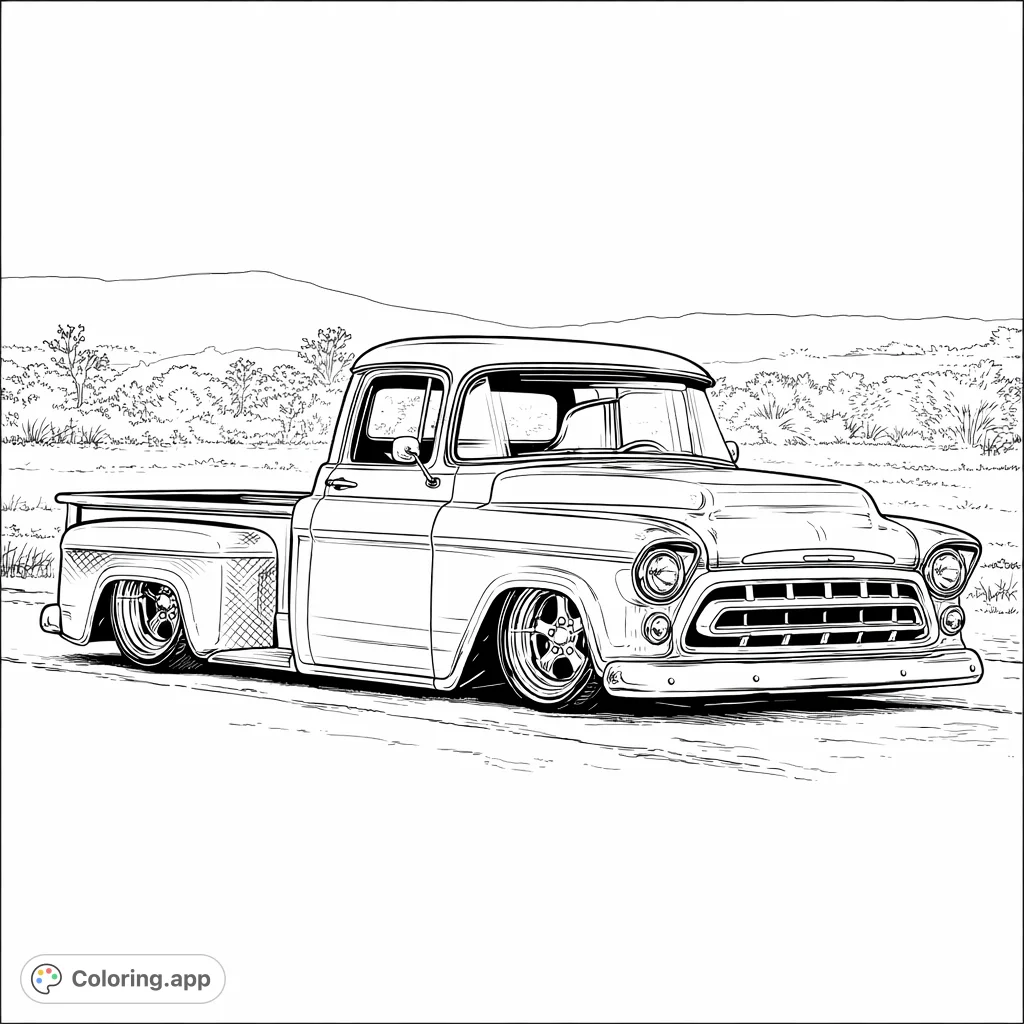 A highly detailed vintage lowrider pickup truck awaits your creative touch, set against a scenic landscape. Perfect for automotive enthusiasts and detailed coloring.