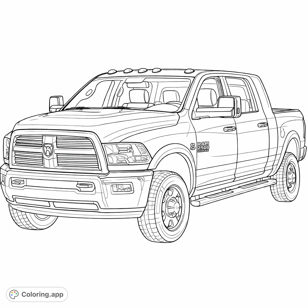 Color this powerful pickup truck with its robust grille, imposing stance, and detailed features. A challenging and rewarding vehicle coloring page.
