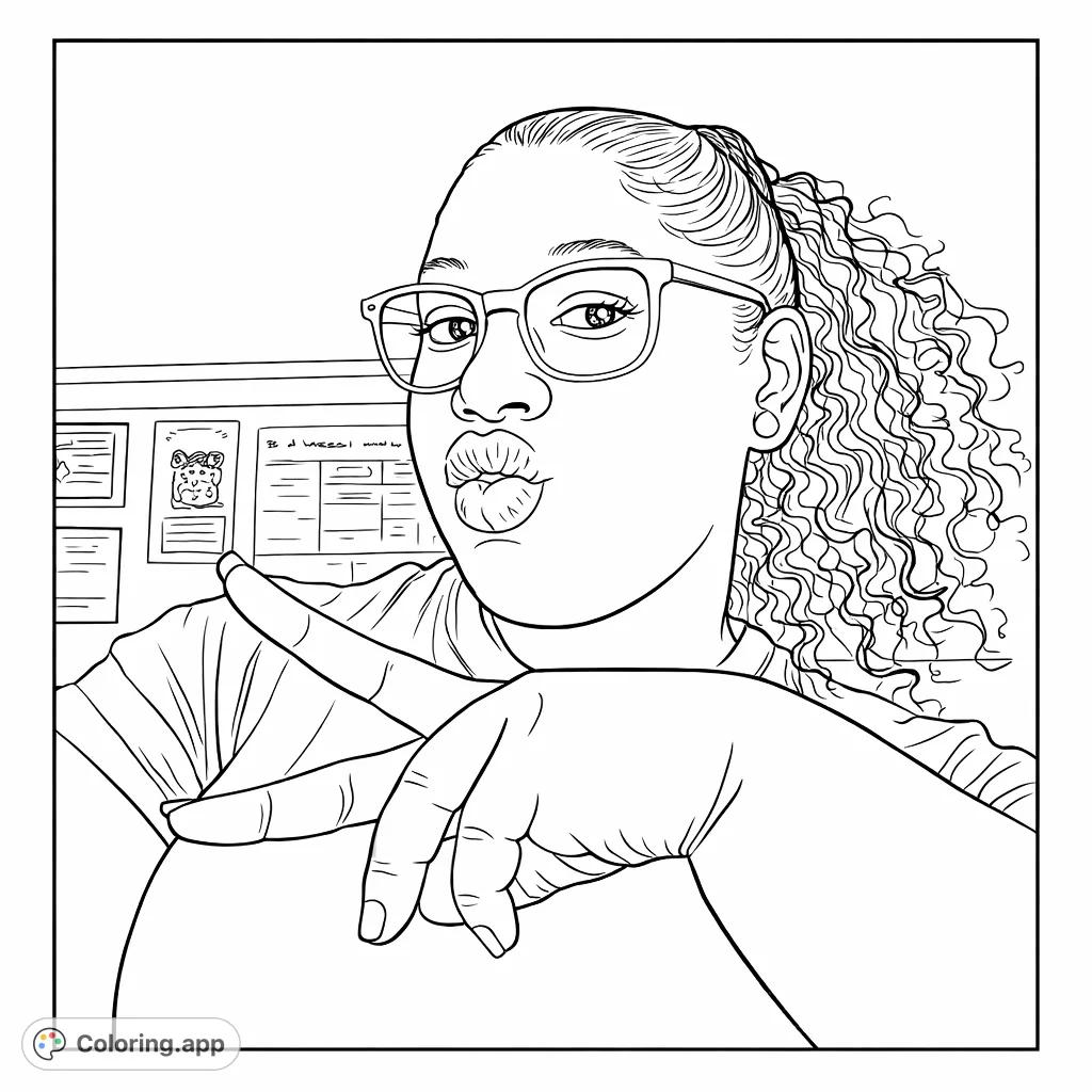 Strike a fun pose! This coloring page features a person in glasses with pursed lips and a peace sign gesture.