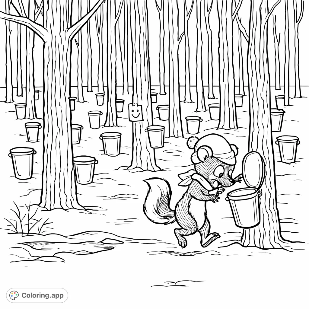 Explore a whimsical winter forest scene featuring a surprised skunk amidst numerous maple syrup buckets. A fun and engaging coloring adventure for all ages.