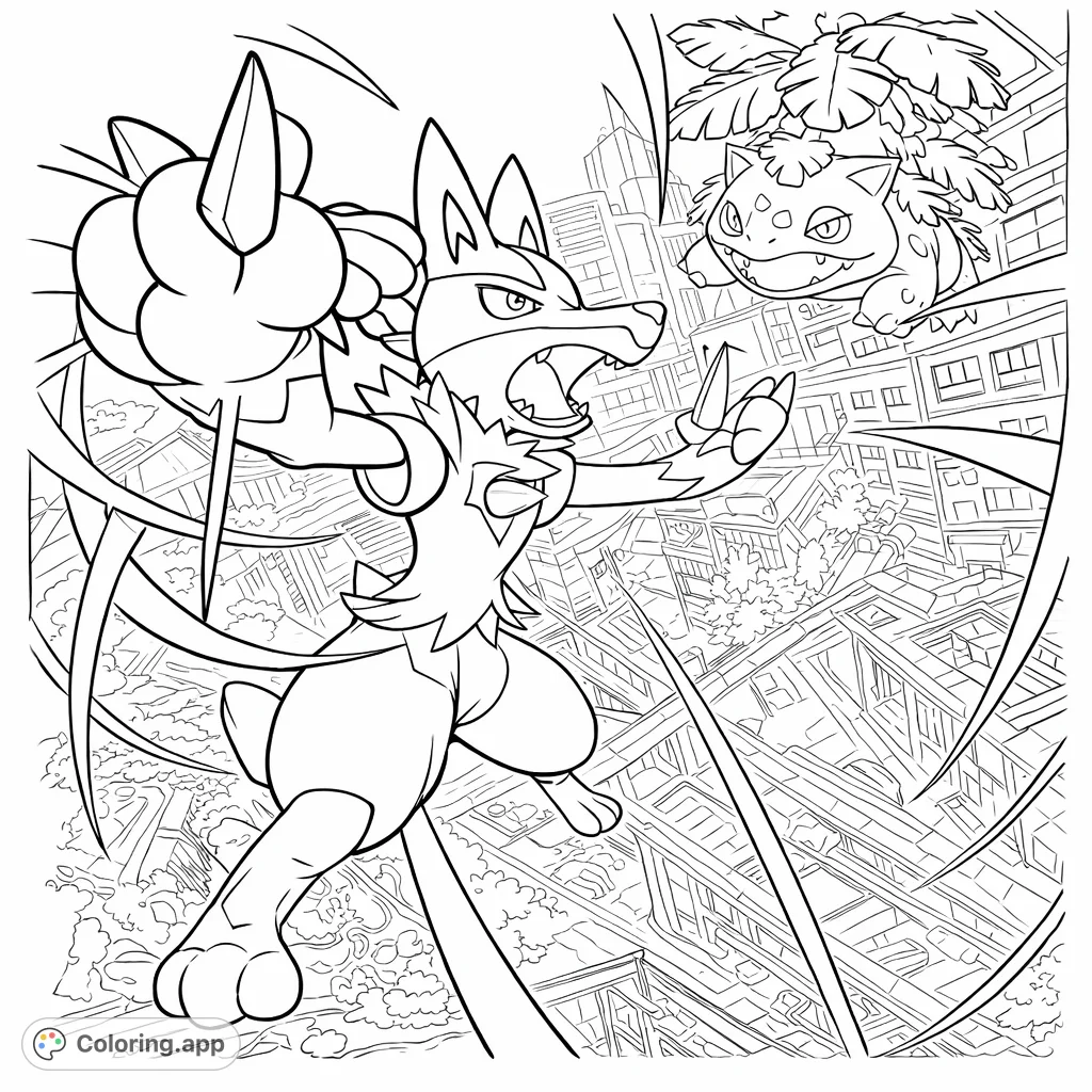 Unleash your creativity with this dynamic Pokémon coloring page featuring Lucario and Venusaur battling in a bustling city. Perfect for fans!