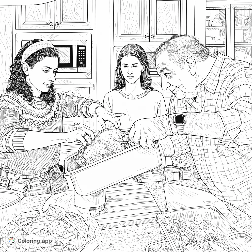 A lively kitchen scene capturing a family preparing a large roasted bird, with detailed elements perfect for a festive coloring experience.