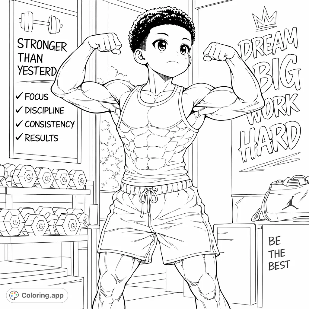 Get inspired with this anime-inspired fitness coloring page featuring a strong young athlete flexing in a gym, surrounded by motivational messages. Perfect for all ages!
