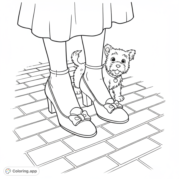 Detailed coloring page of Dorothy's ruby slippers on the Yellow Brick Road with Toto peeking.  Features clean lines, open spaces, and intricate details for creative coloring fun.