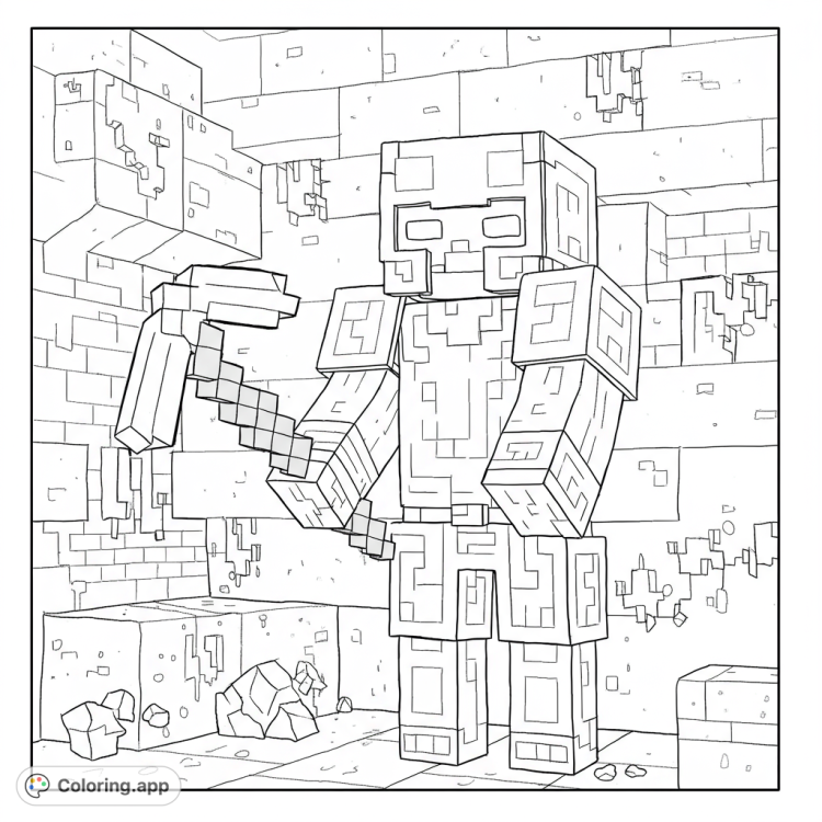 Minecraft zombie in diamond armor, ready to color!  This black and white line art features a blocky mine shaft and pickaxe.