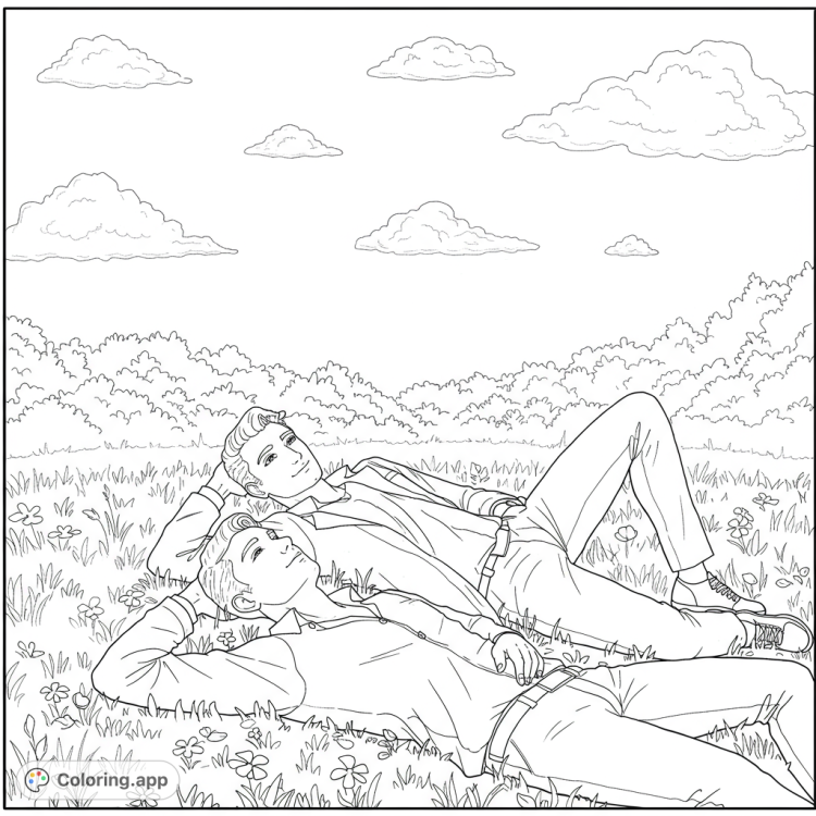 Two men in love gaze at the sky in a peaceful park.  A heartwarming black and white line art coloring page with fluffy clouds and open spaces for color.