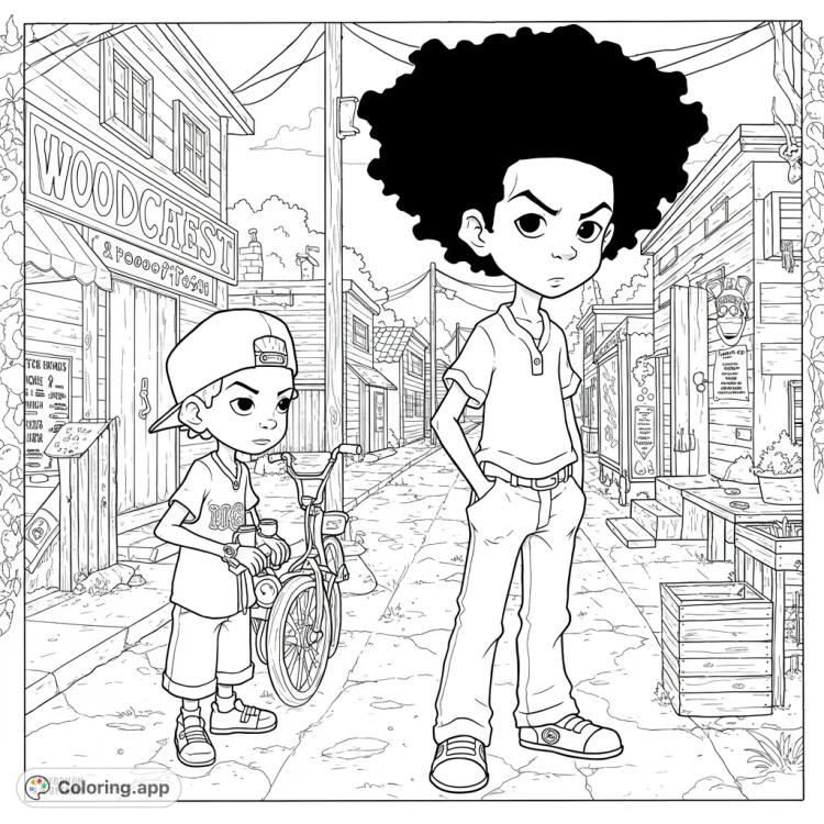 Woodcrest street scene coloring page featuring The Boondocks characters.  Detailed background with clean lines and open spaces for easy coloring.