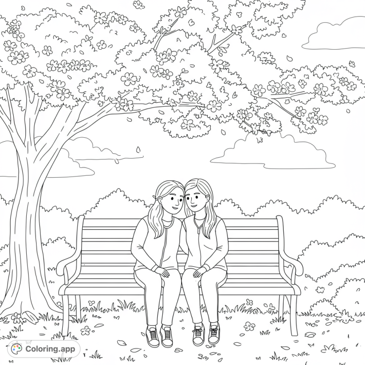 Enjoy this heartwarming coloring page!  A lesbian couple shares a tender moment on a bench under a cherry tree.