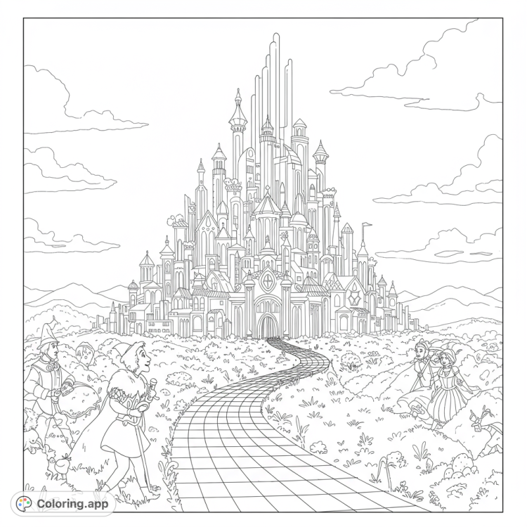 Journey down the Yellow Brick Road to color the majestic Emerald City!  This detailed black and white line art coloring page features towering spires and open spaces.