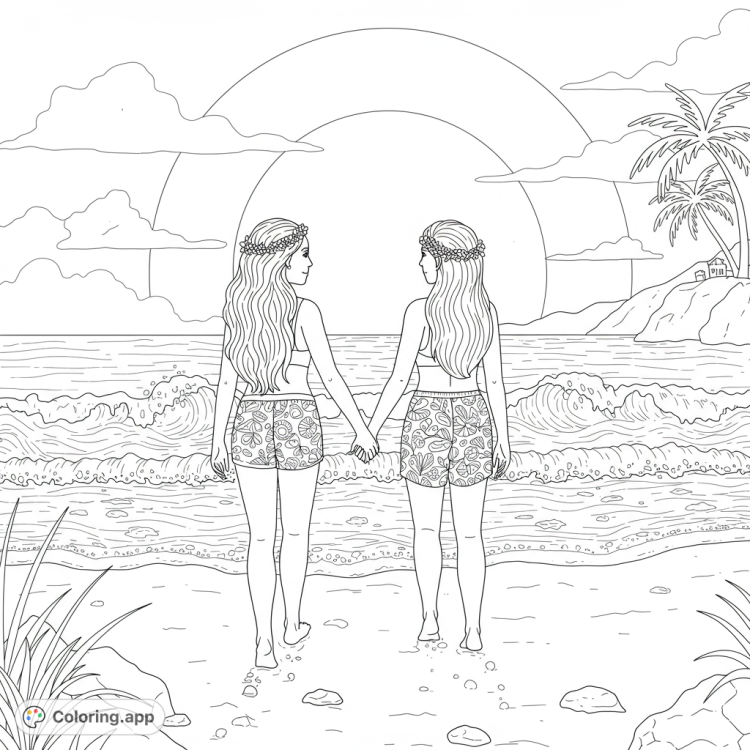 Romantic coloring page of a lesbian couple holding hands on a beach at sunset.  Features clean lines, detailed elements, and open spaces for coloring.