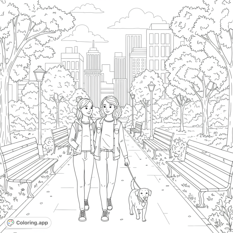 Enjoy this heartwarming coloring page!  A lesbian couple strolls through a city park with their dog.
