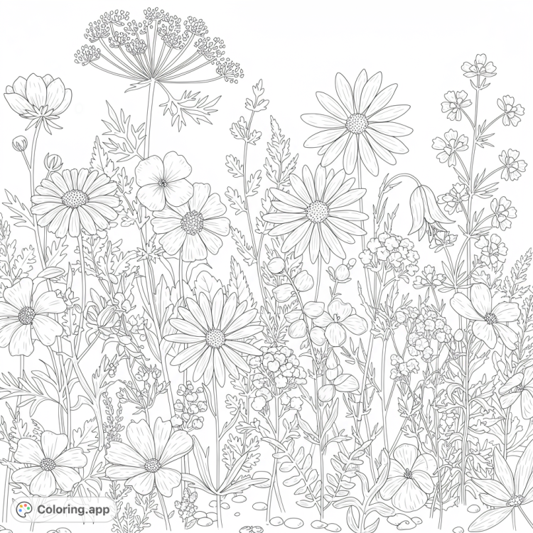 Detailed botanical illustration of wildflowers.  Features a naturalistic arrangement with clean lines and open spaces for coloring.