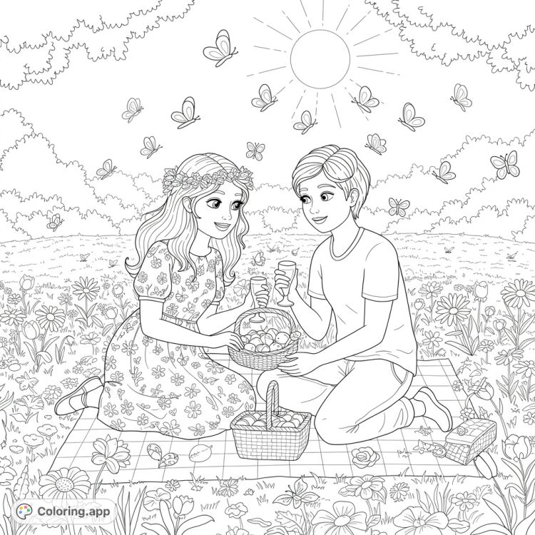 Whimsical coloring page of a lesbian couple enjoying a picnic in a meadow filled with butterflies.  Features clean lines and open spaces for easy coloring.