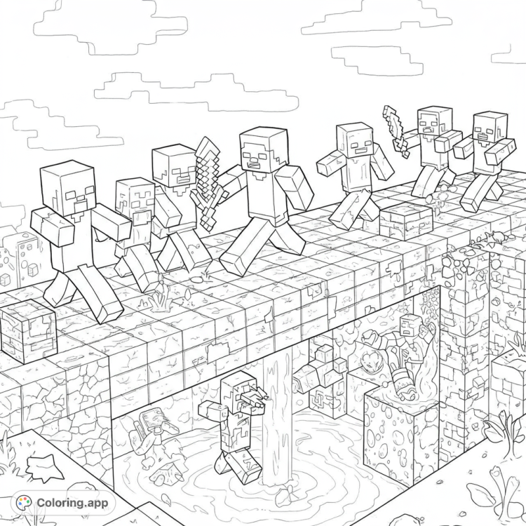 Minecraft zombies chase a player across a blocky bridge over lava!  Dynamic scene with clean lines and open spaces for easy coloring.
