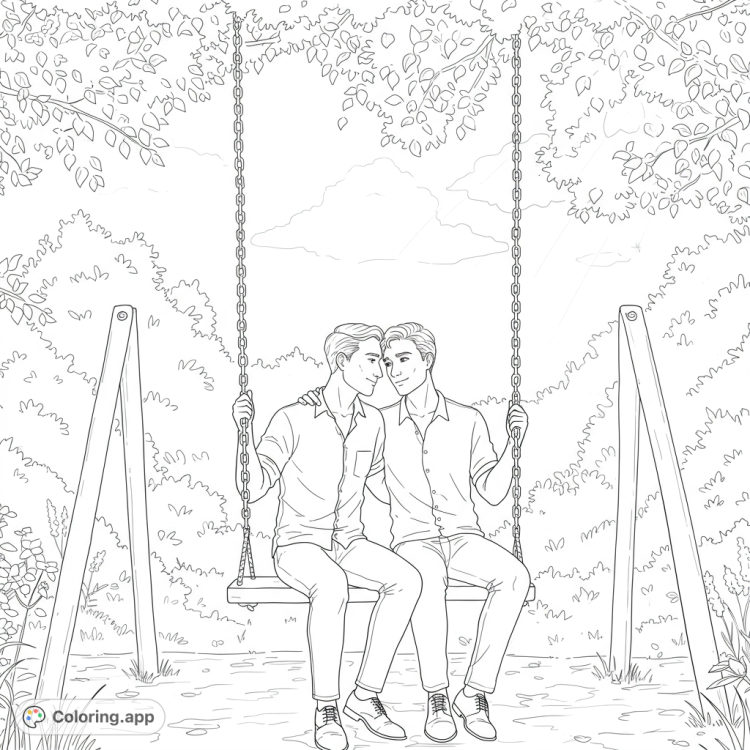 Romantic coloring page of two men in love on a swing set in a park.  Features clean lines, detailed areas, and open spaces for coloring.