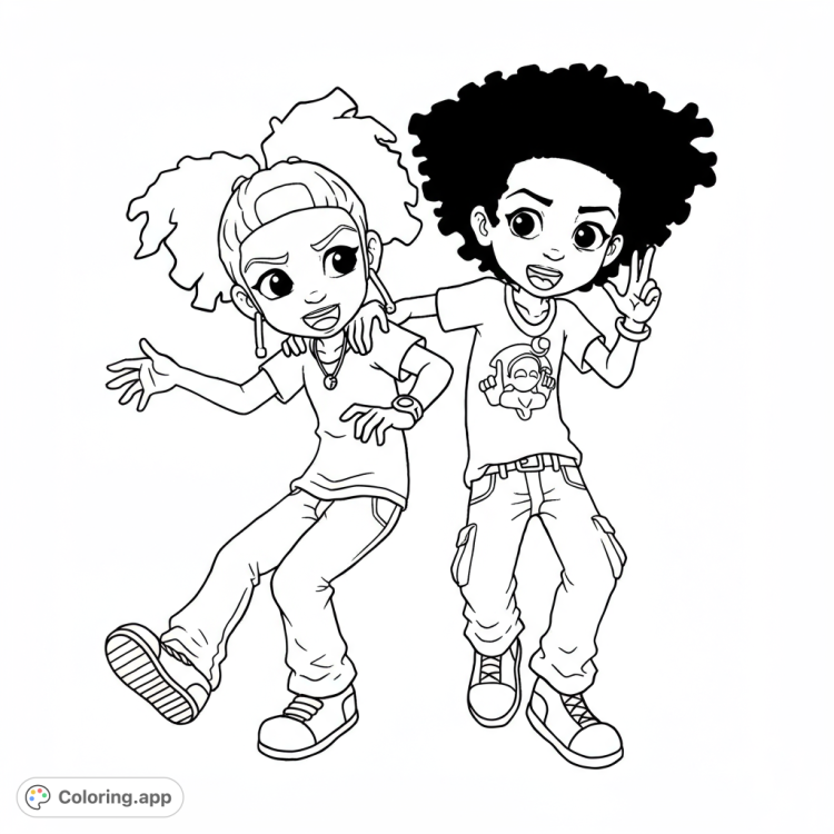 Jazmine Dubois and Cindy McPhearson from The Boondocks enjoying a fun friendship moment.  A detailed black and white line art coloring page for fans.