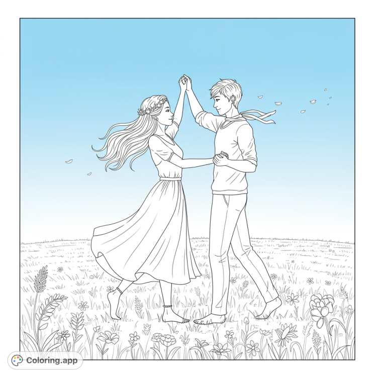 Two women share a loving dance in a meadow under a sunny sky.  This black and white line art is perfect for coloring, featuring clean lines and open spaces.