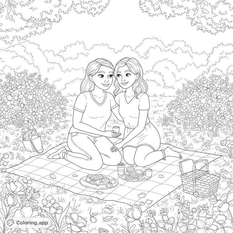 Enjoy this heartwarming coloring page of a lesbian couple's picnic in a sunny park.  Features blooming flowers, clean lines, and open spaces for coloring.