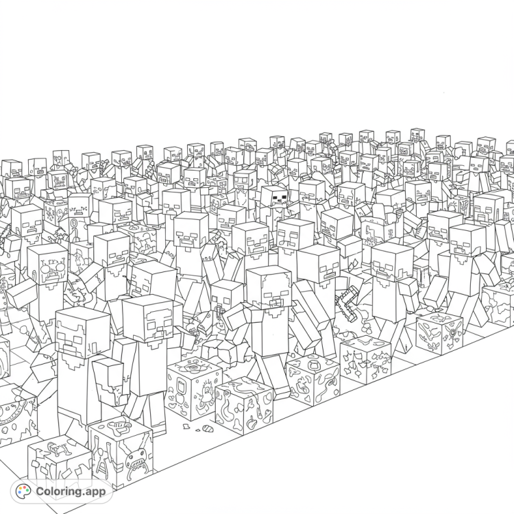 Minecraft zombie horde coloring page.  Detailed black and white line art of blocky zombies shambling across a pixelated landscape.