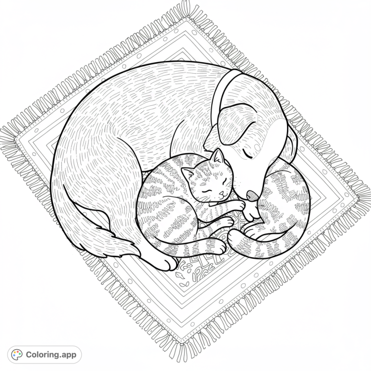 Adorable dog and cat best friends sleeping peacefully on a cozy rug.  Detailed black and white line art perfect for animal lovers to color.