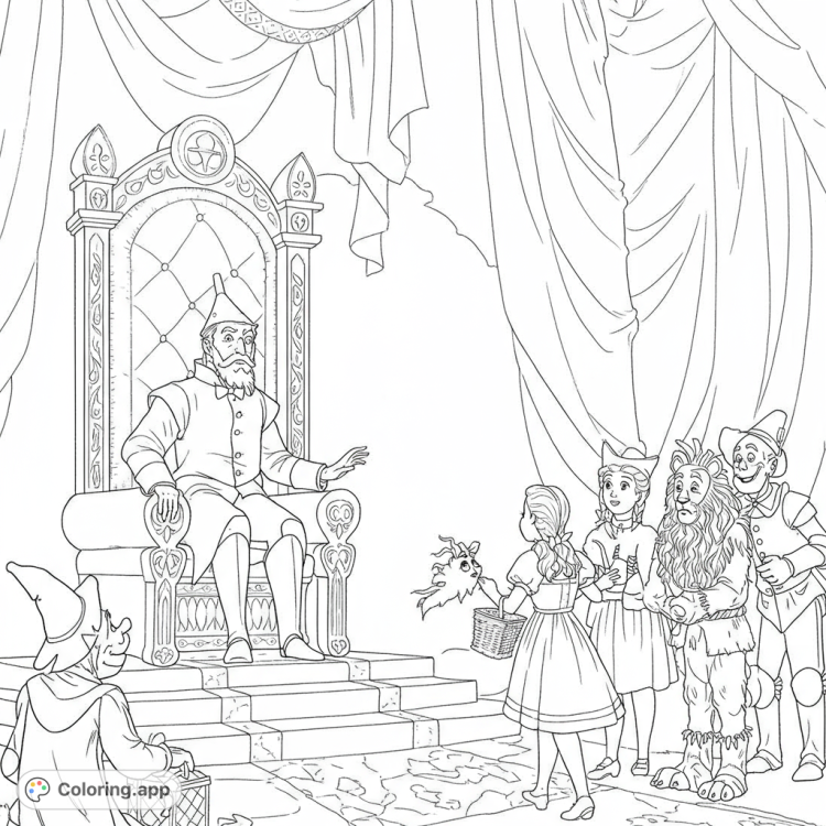 The Wizard of Oz coloring page!  Featuring the imposing Wizard in his throne room with Dorothy, Scarecrow, Tin Man, and Lion.