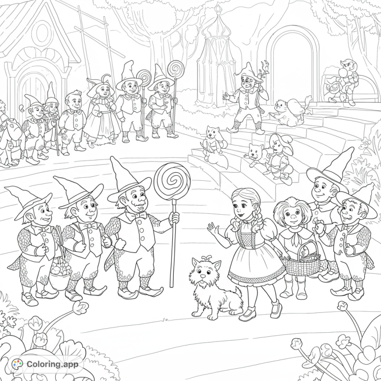 Dorothy and Toto meet the Munchkins!  A detailed black and white line drawing featuring the Lollipop Guild and Lullaby League.