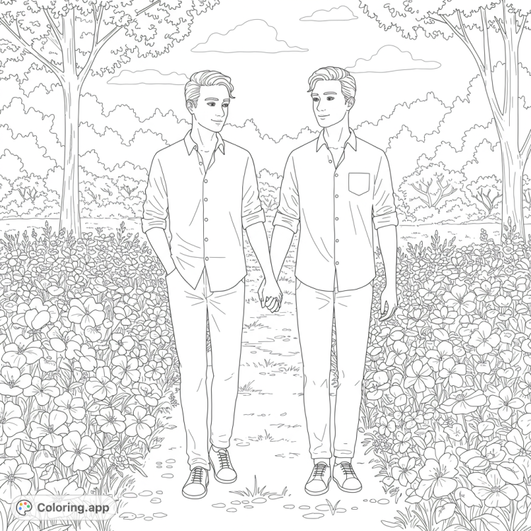 Two men in love stroll through a flower garden, holding hands.  A detailed black and white line drawing perfect for coloring.