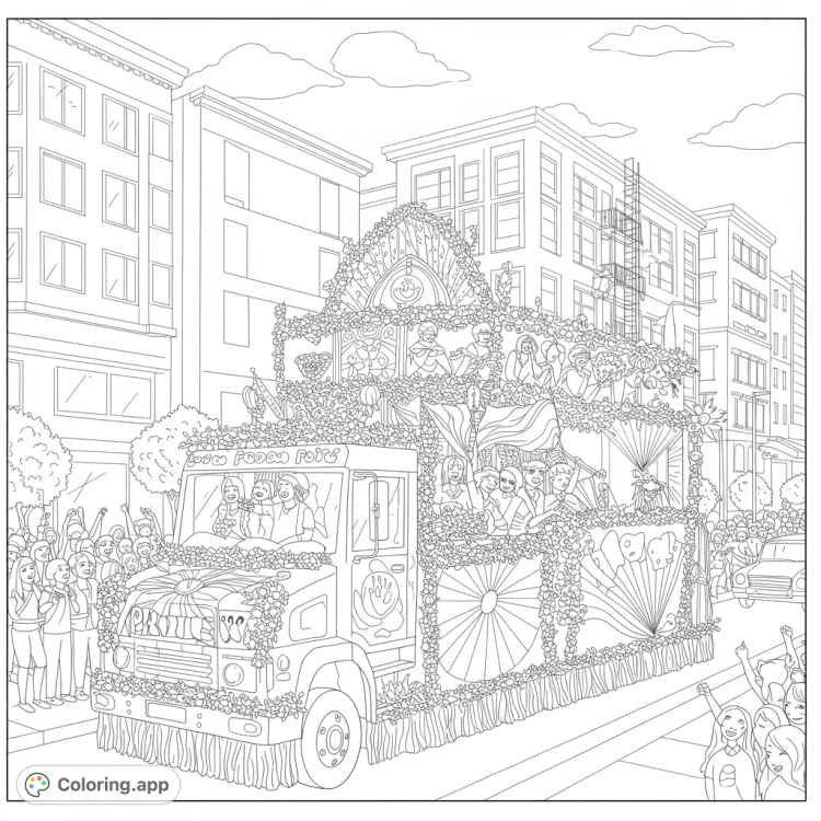 Celebrate Pride with this detailed coloring page!  Features a vibrant LGBTQ+ parade float with rainbow flags, flowers, and cheering crowds in San Francisco.