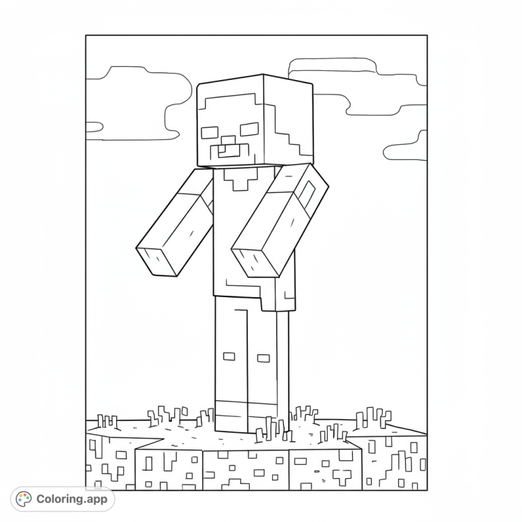 Minecraft Zombie coloring page.  A classic blocky zombie stands in a grassy biome, ready for color!