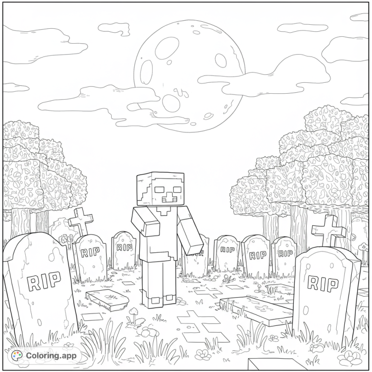 A lone Minecraft zombie in a spooky graveyard under a pixelated full moon.  Features blocky tombstones and a detailed, atmospheric design perfect for coloring.
