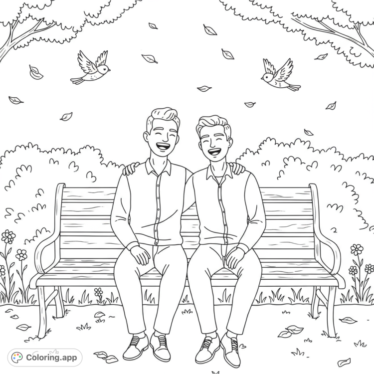 Whimsical coloring page of two loving gay men laughing on a park bench.  Stylized birds and leaves add charm.