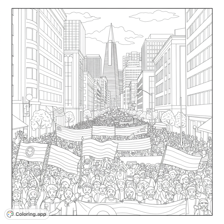 Celebrate Pride with this detailed coloring page!  Features a vibrant San Francisco Pride parade with waving rainbow flags, banners, and a diverse crowd.