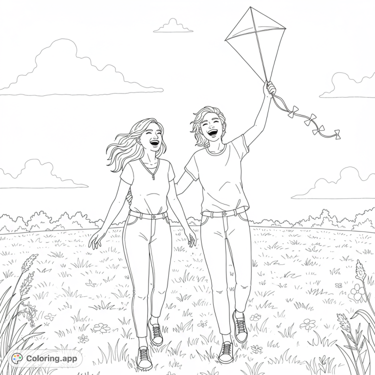 Joyful lesbian couple coloring page.  Two women laugh while flying a kite in a field.