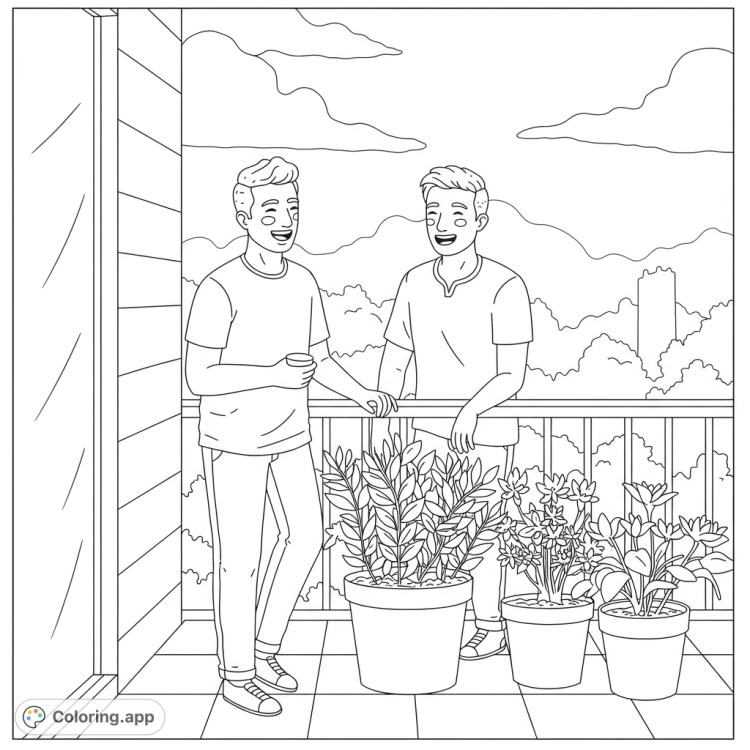 Enjoy this heartwarming coloring page!  Features a loving gay couple laughing together while gardening on a balcony.