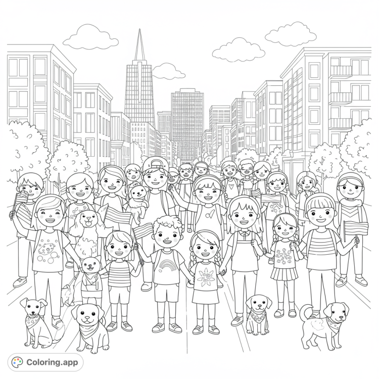 Celebrate love and community with this heartwarming coloring page!  Featuring families, pets, and children at the LGBTQ+ Pride Parade in San Francisco.