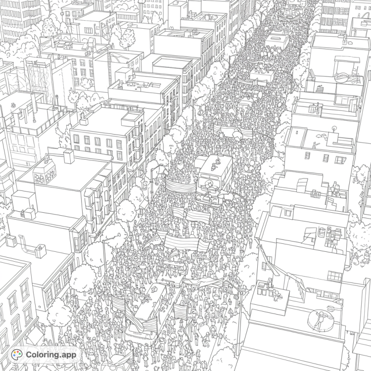 Aerial view coloring page of the San Francisco Pride parade.  Features a detailed crowd scene with banners and floats.