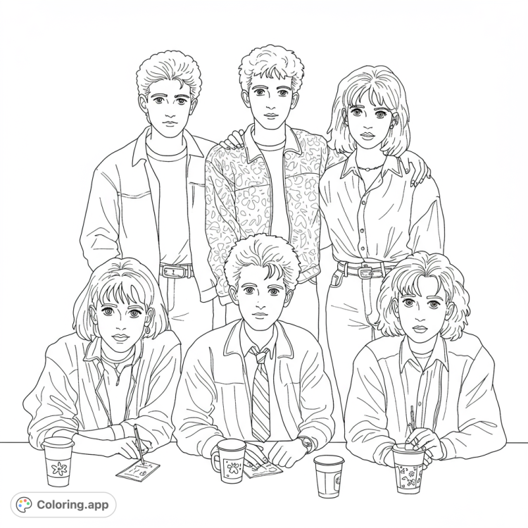 Iconic Breakfast Club scene!  A detailed black and white line drawing perfect for coloring.