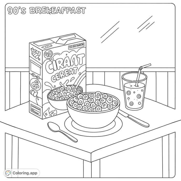 Nostalgic 90s breakfast scene!  A fun black and white line drawing featuring cereal, juice, and a retro aesthetic.