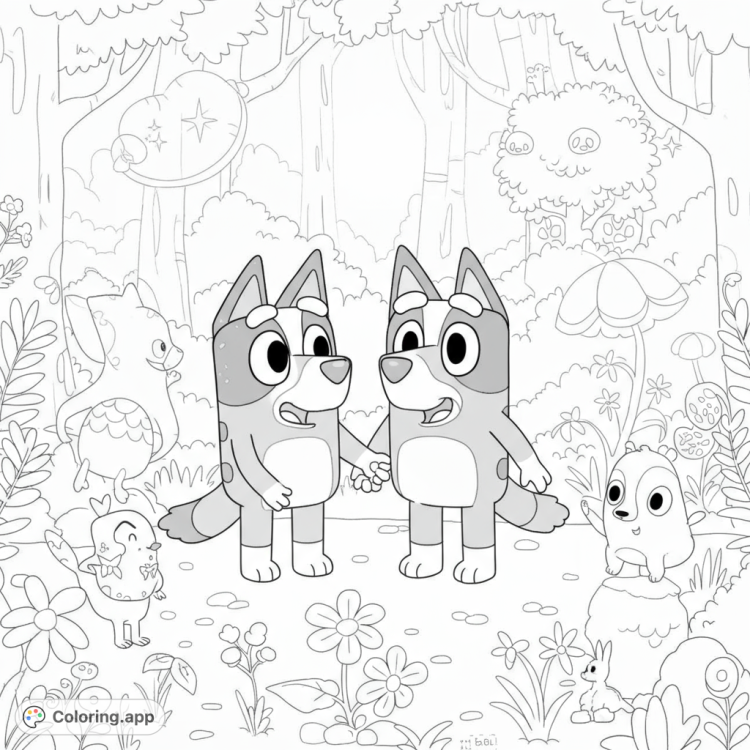 Bluey and Bingo explore a whimsical magical forest!  This black and white line art coloring page features simple shapes, detailed areas, and open spaces perfect for young colorists.