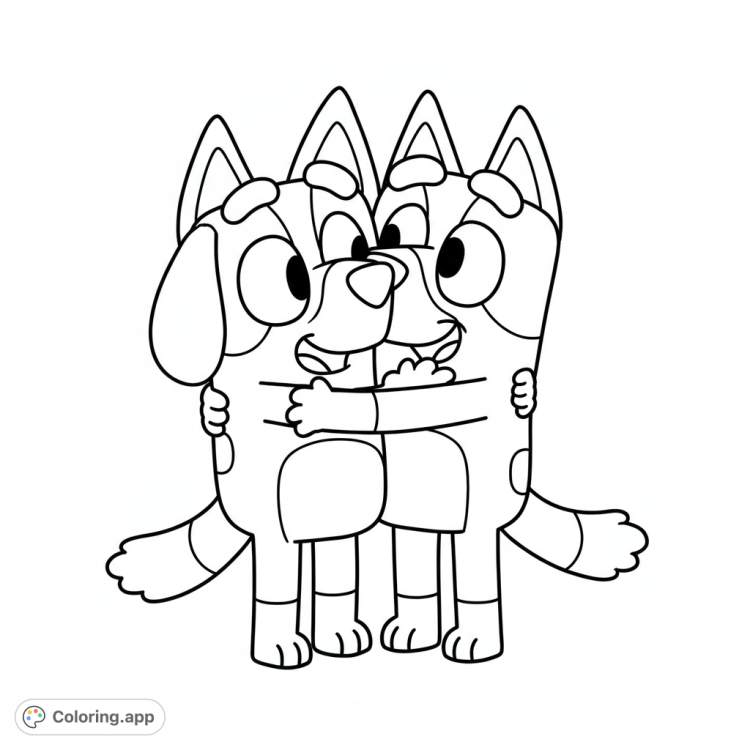 Bluey hugs Floppy!  A heartwarming black and white line art coloring page.