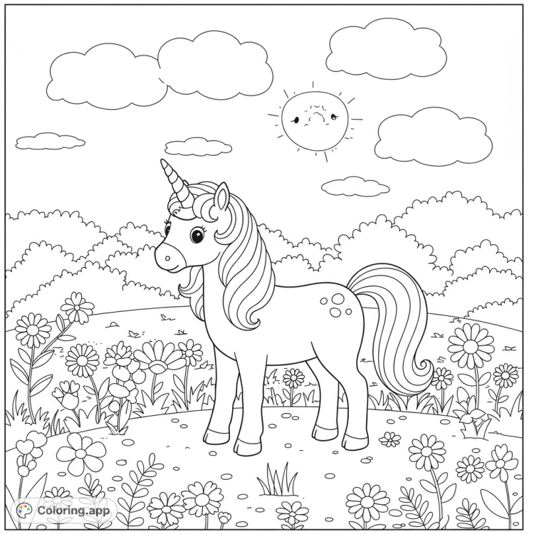 Adorable unicorn in a flower field!  Easy-to-color line art with bold outlines and open spaces.