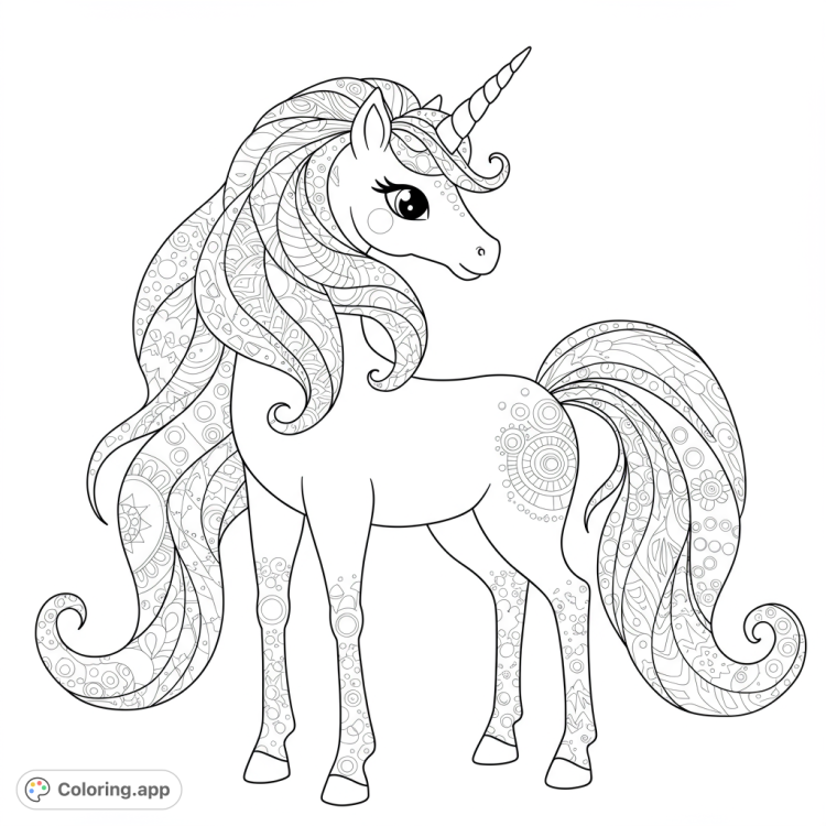 Magical unicorn coloring page!  Features a unicorn with a patterned mane and tail, designed with simple geometric shapes for easy coloring.