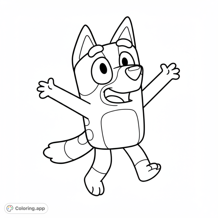 Bluey dances with joy!  A delightful coloring page featuring Bluey's big smile.